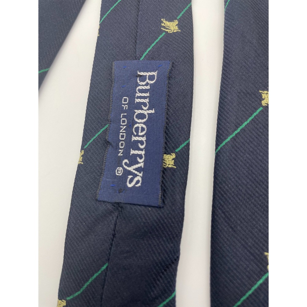 Burberrys of London Vintage Silk Tie Navy Blue Green Stripe Gold Crest England - Picture 2 of 5